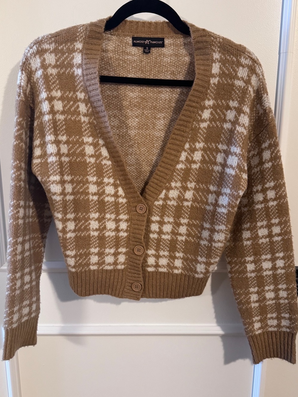 Almost Famous Tan & White Plaid V-Neck Button Cardigan Sweater